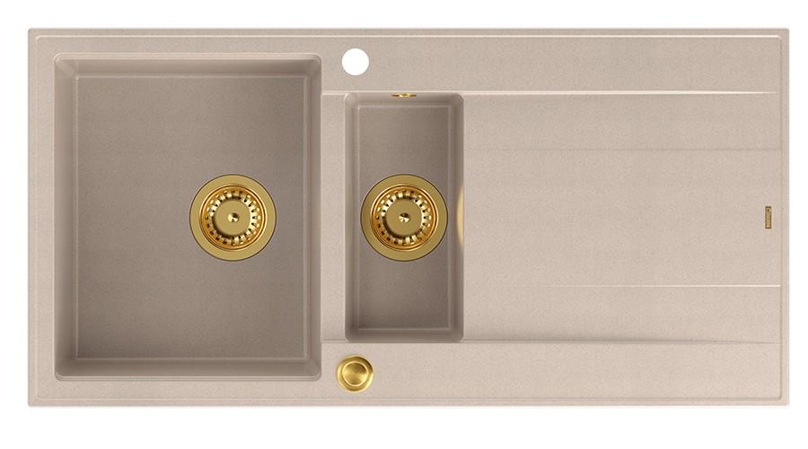Quadri Luton pearl beige granieten opbouw 1,5 spoelbak met afdruipvlak omkeerbaar 100x50cm met gouden plug 1208971793 - Productafbeelding