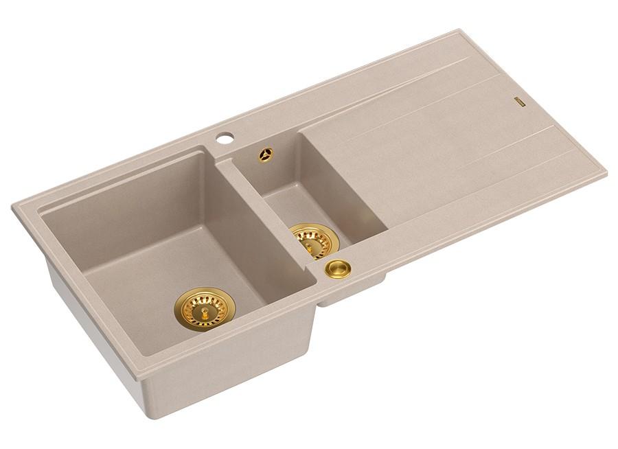 Quadri Luton pearl beige granieten opbouw 1,5 spoelbak met afdruipvlak omkeerbaar 100x50cm met gouden plug 1208971793 - Productafbeelding 2
