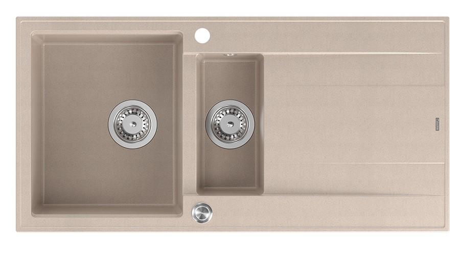 Quadri Luton pearl beige granieten opbouw 1,5 spoelbak met afdruipvlak omkeerbaar 100x50cm met RVS plug 1208971794 - Productafbeelding