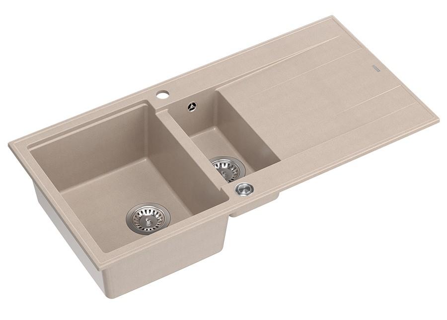 Quadri Luton pearl beige granieten opbouw 1,5 spoelbak met afdruipvlak omkeerbaar 100x50cm met RVS plug 1208971794 - Productafbeelding 2