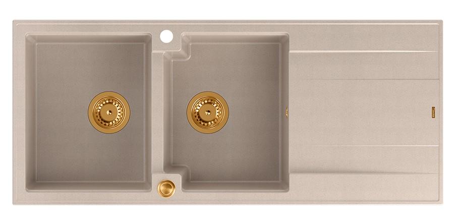 Quadri Luton opbouw dubbele graniet spoelbak pearl beige met afdruipgedeelte 116x50 cm met koperen plug 1208971801 - Productafbeelding