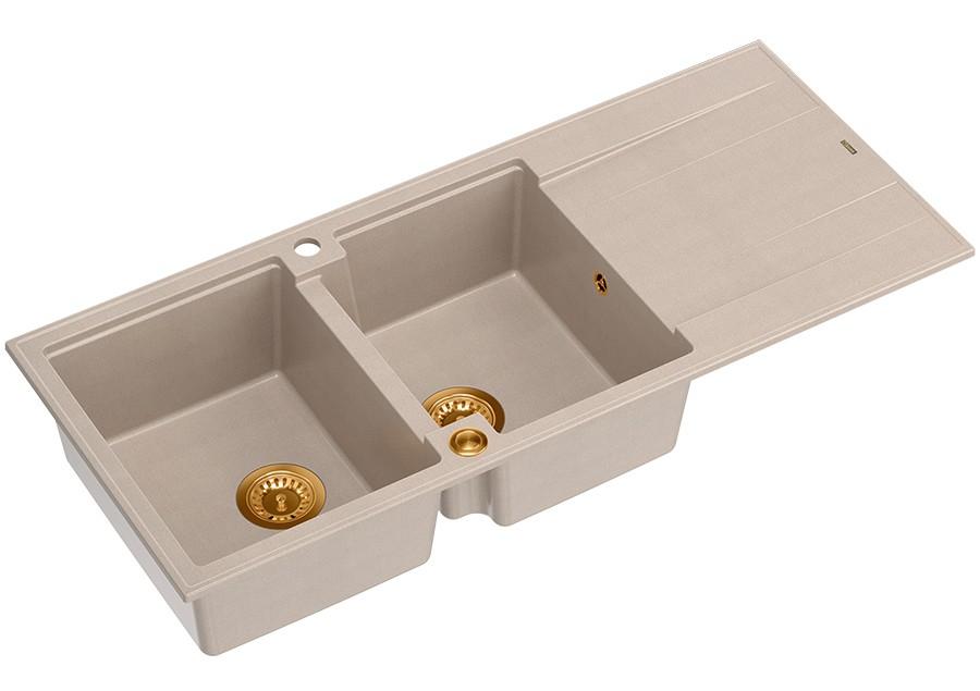 Quadri Luton opbouw dubbele graniet spoelbak pearl beige met afdruipgedeelte 116x50 cm met koperen plug 1208971801 - Productafbeelding 2