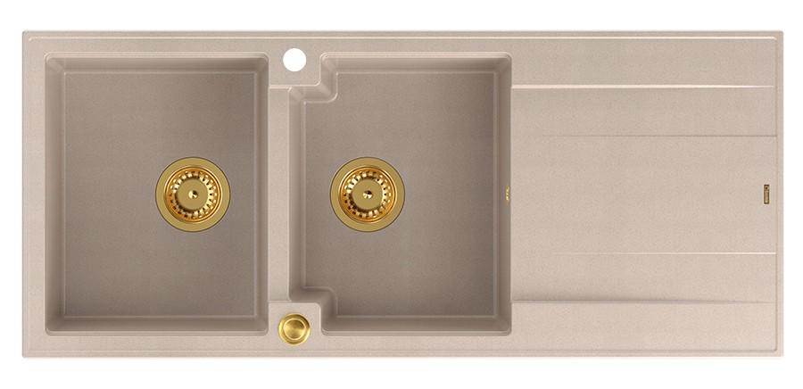 Quadri Luton opbouw dubbele graniet spoelbak pearl beige met afdruipgedeelte 116x50 cm met gouden plug 1208971809 - Productafbeelding