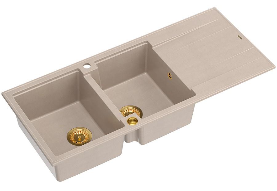 Quadri Luton opbouw dubbele graniet spoelbak pearl beige met afdruipgedeelte 116x50 cm met gouden plug 1208971809 - Productafbeelding 2