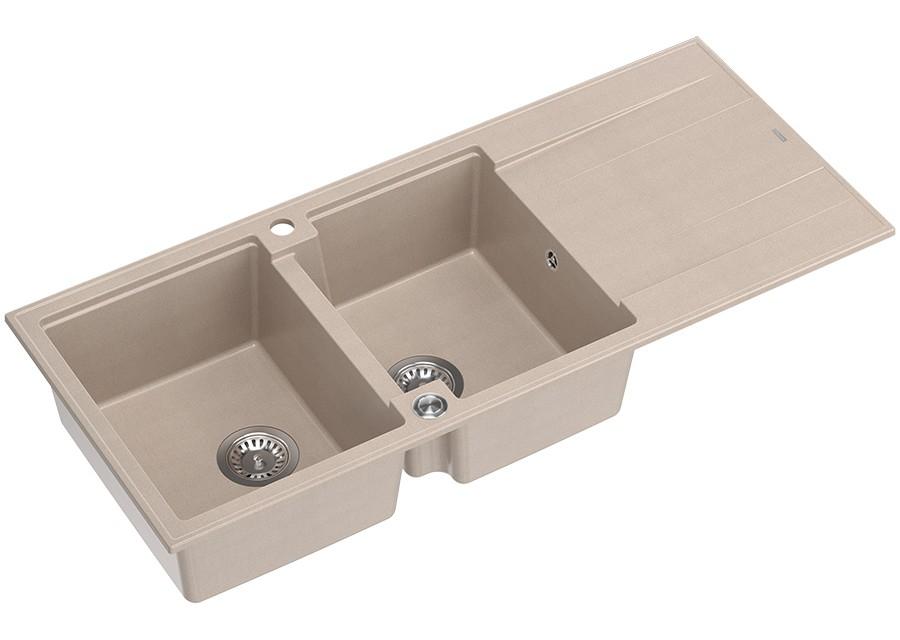 Quadri Luton opbouw dubbele graniet spoelbak pearl beige met afdruipgedeelte 116x50 cm met RVS plug 1208971812 - Productafbeelding 2