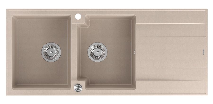 Quadri Luton opbouw dubbele graniet spoelbak pearl beige met afdruipgedeelte 116x50 cm met RVS plug 1208971812 - Productafbeelding