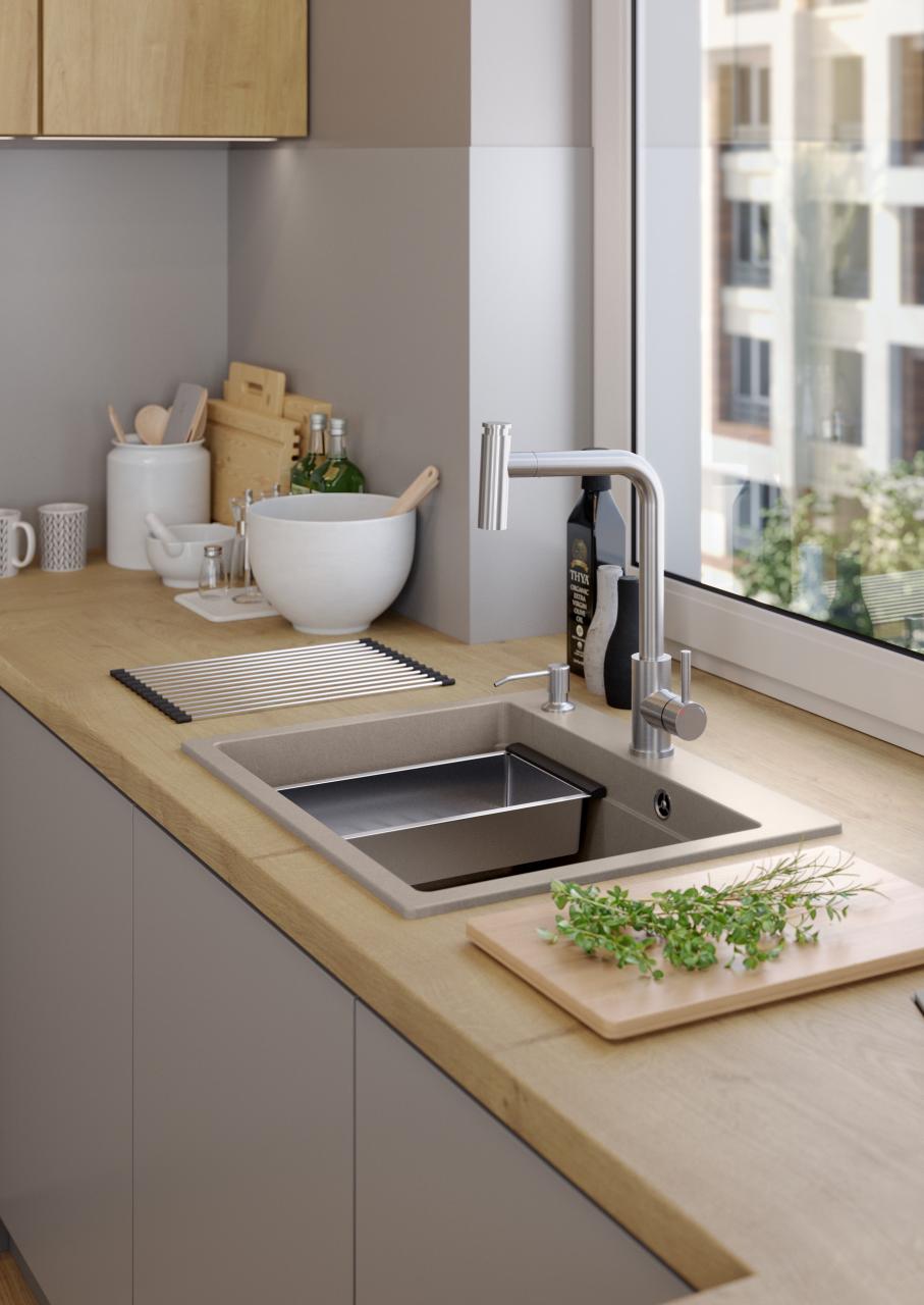 Quadri Durham Pearl Beige graniet opbouw spoelbak 595x500 met zeepdispenser, snijplank,inzetbak en rolmat 1208971814 - Productafbeelding 4