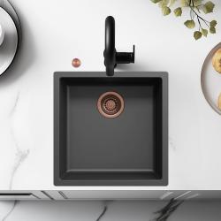 Ausmann Fibre zwarte spoelbak 40x40cm onderbouw, opbouw en vlakinbouw met automatische koperen plug 1208971852