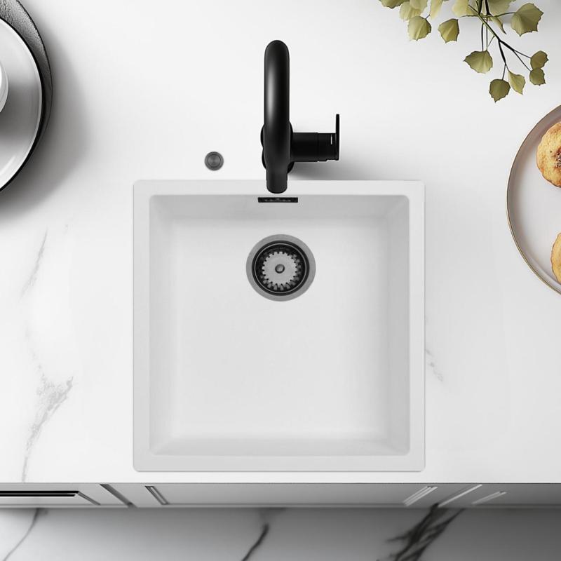 Ausmann Fibre witte spoelbak 40x40cm onderbouw, opbouw en vlakinbouw met automatische gun metal plug 1208971895