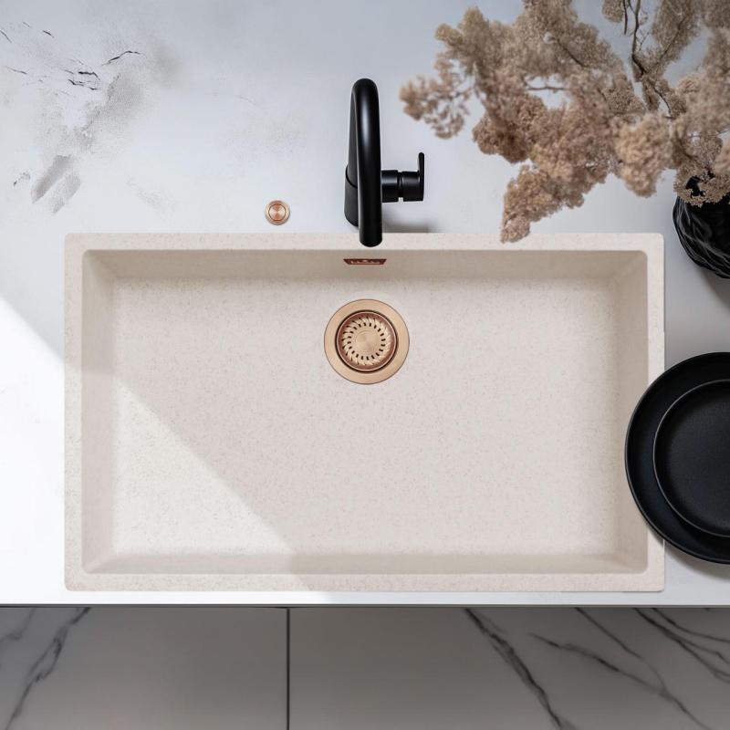 Ausmann Fibre zand wit grote spoelbak 70x40cm onderbouw, opbouw en vlakinbouw met automatische koperen plug 1208971937