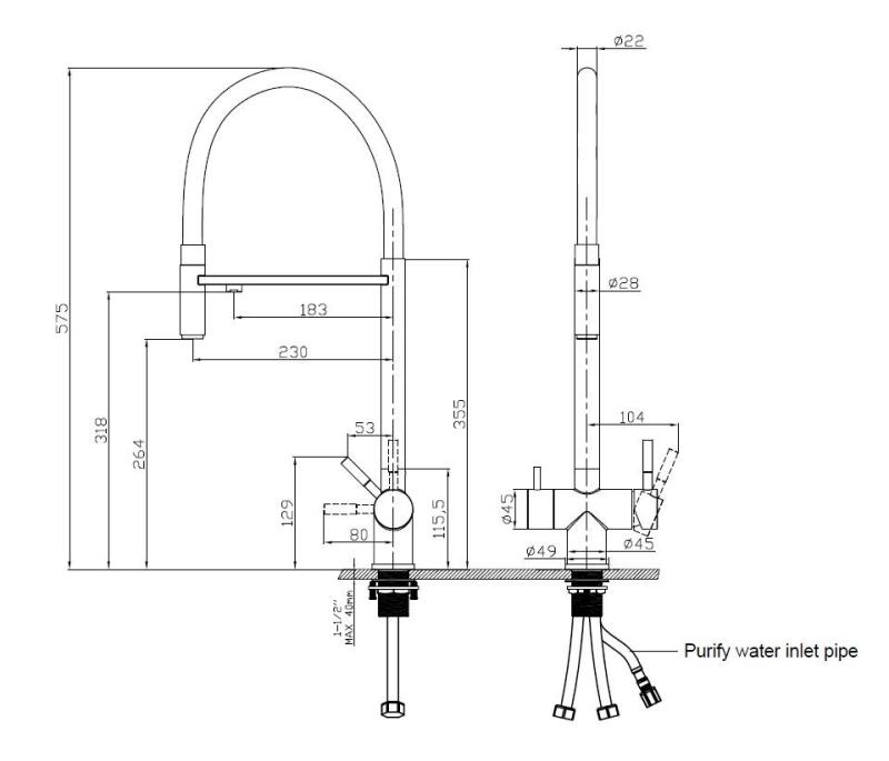 Pure.Sink Elite Steel Flex 3-weg PVD koper keukenkraan met flexibele uitloop en Gefilterd Water PS8110-62