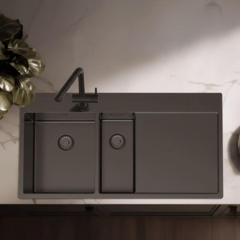 Pure.Sink Exclusivo Gun metal 1,5  spoelbak met afdruipgedeelte 100x52 cm Tapwing links PEX3418100LT-61