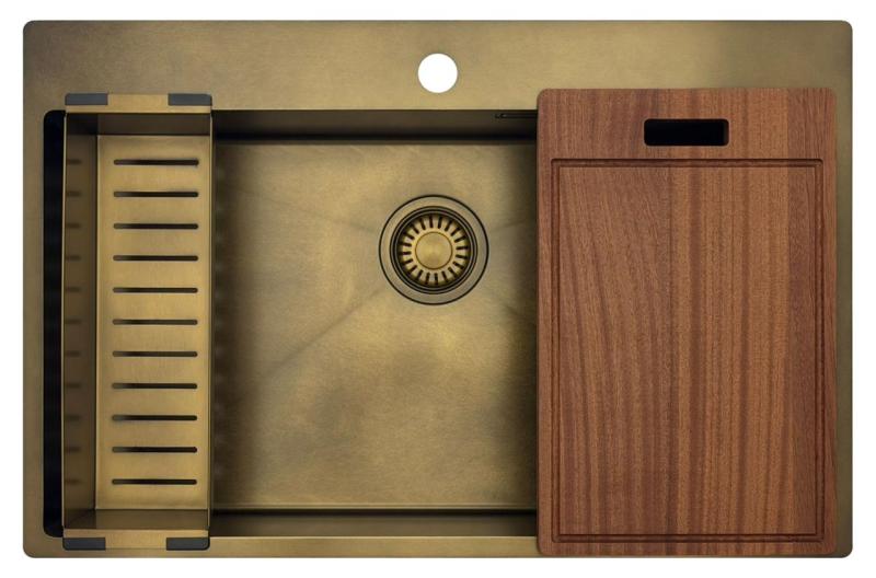 Pure.Sink Luxion Grote PVD Antiek Bronzen spoelbak 78x50 cm Tapwing met kraangatbank en bodemrek PLX7850T-64