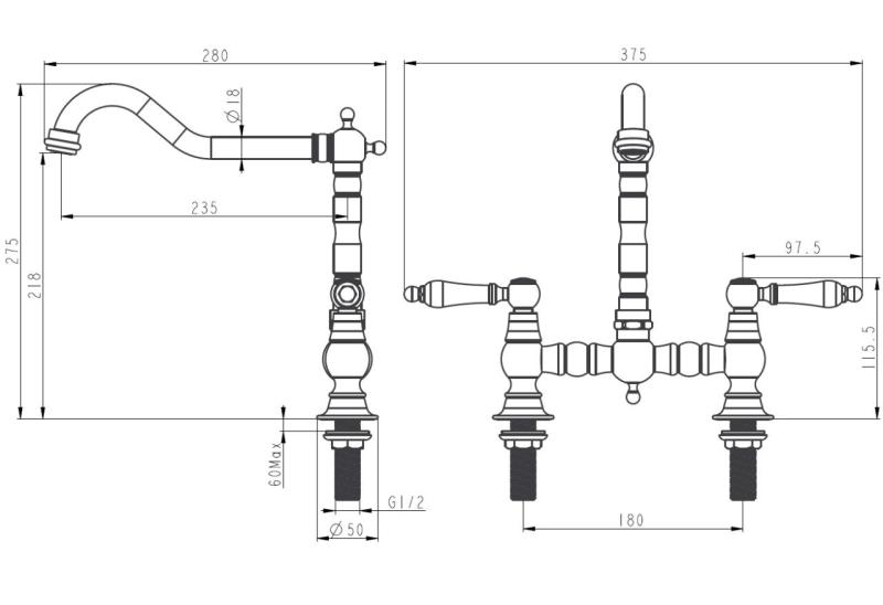 Aquanello Heritage Manor Klassieke Keuken Nostalgische Brug Keukenkraan RVS met Witte Hendel NB-0010-HM