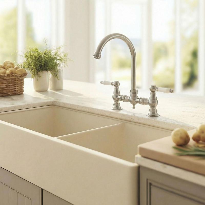 Aquanello Heritage Manor Klassieke Keuken Nostalgische Brug Keukenkraan RVS met Witte Hendel en Ronde Uitloop NB-0011-HM