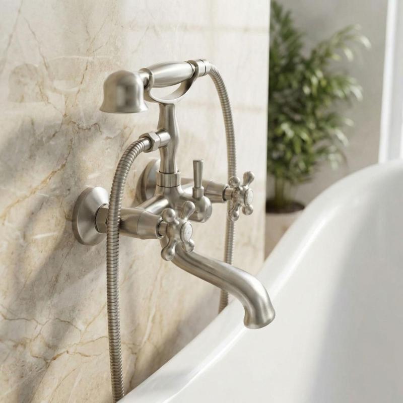 Aquanello Heritage Ascot Classic Surface-Mounted Bath Mixer with Star Knobs, Stainless Steel, including Hand Shower NB-3002-HA